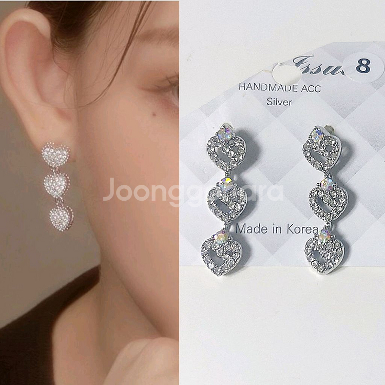 실버 하트 큐빅 3단귀걸이--0