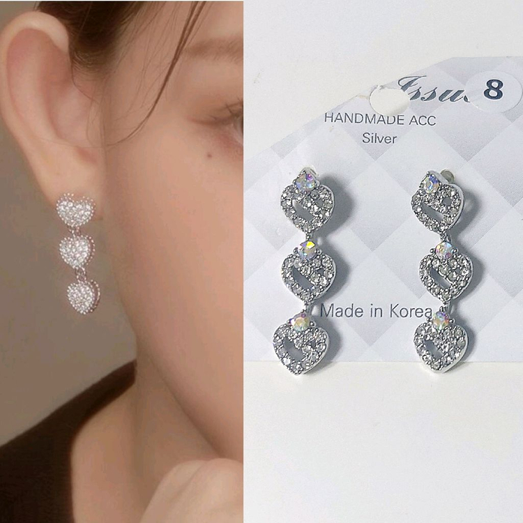 실버 하트 큐빅 3단귀걸이--0