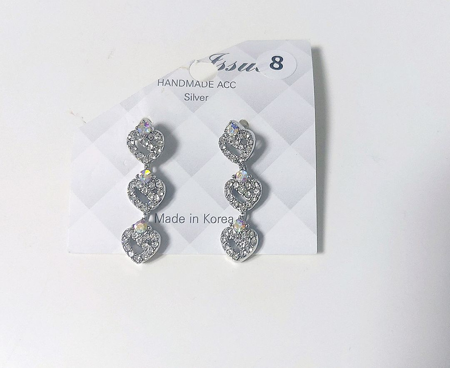 실버 하트 큐빅 3단귀걸이--2