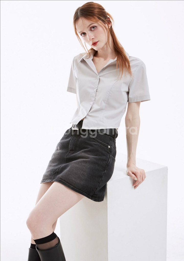 [네비] 케니 베이직 크롭 반팔셔츠--0