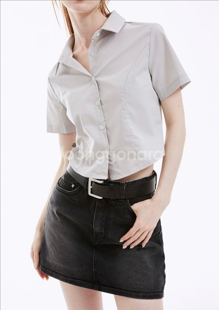 [네비] 케니 베이직 크롭 반팔셔츠--6