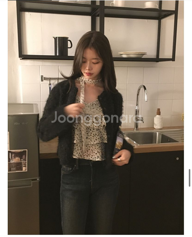 뮤트크레메 지그재그 호피 프릴 타이 블라우스 가디건--1