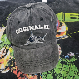 샤크 빈티지 자수 워싱 베이스볼 캡 모자