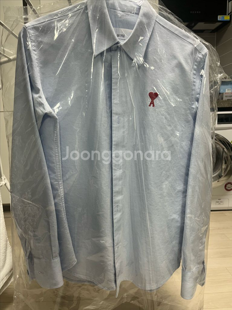 아미 스몰 하트 로고 코튼 옥스퍼드 스카이블루 셔츠--0