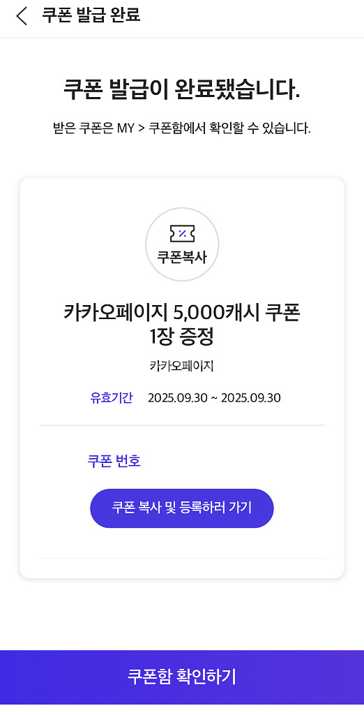 카카오페이 5000캐시 쿠폰 1장--0
