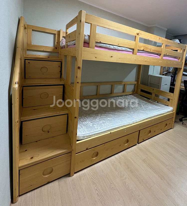 에보니아 원목 2층침대 하단 계단 서랍 풀옵--0