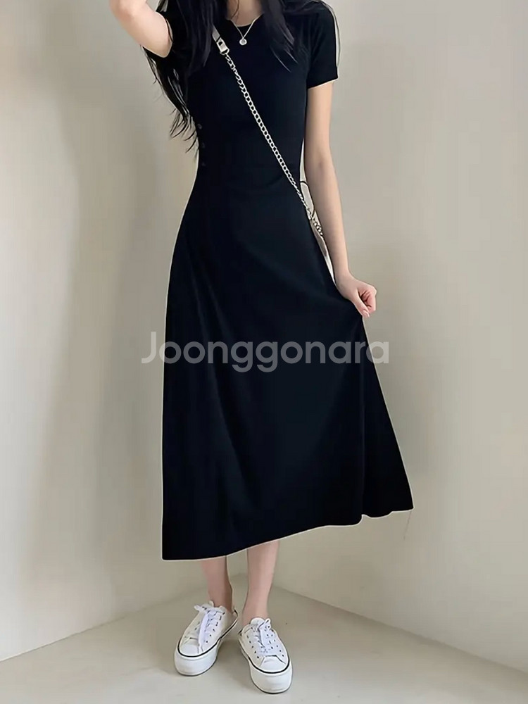 슬림핏 스판 반팔 롱 원피스--1