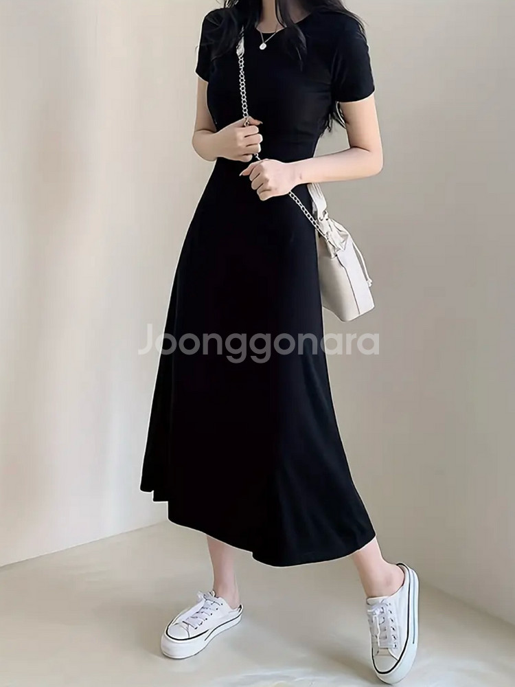 슬림핏 스판 반팔 롱 원피스--3