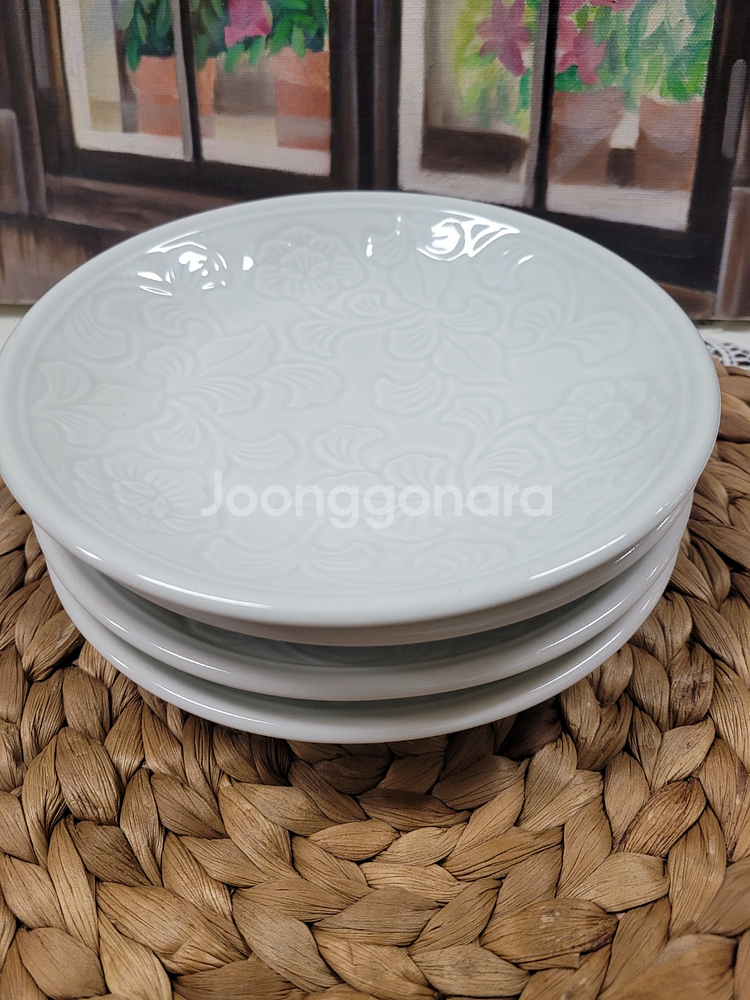 [판매] 광주요 음양각 목단문 원형접시 외 종지 8P--1