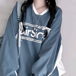 사계절 에어 바스락 배색 브이넥 오버핏 긴팔 맨투맨