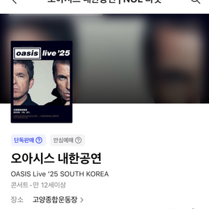 오아시스 내한 공연 콘서트 지정석 P석 티켓 1장 판매