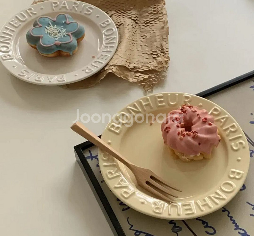 도자기 브런치접시, 프렌치 감성 봉주르 레터링 플레이트--1