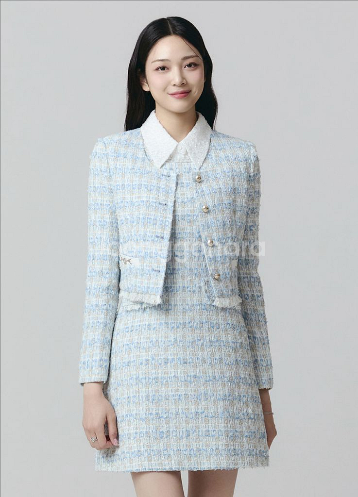 24 잇미샤 금장버튼 크롭 트위드 자켓 노카라 라운드넥--2