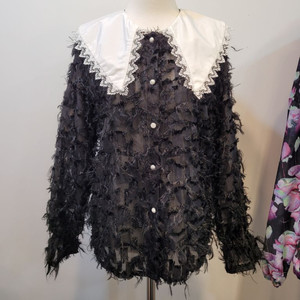 미친세일 자수카라 시스루 블라우스