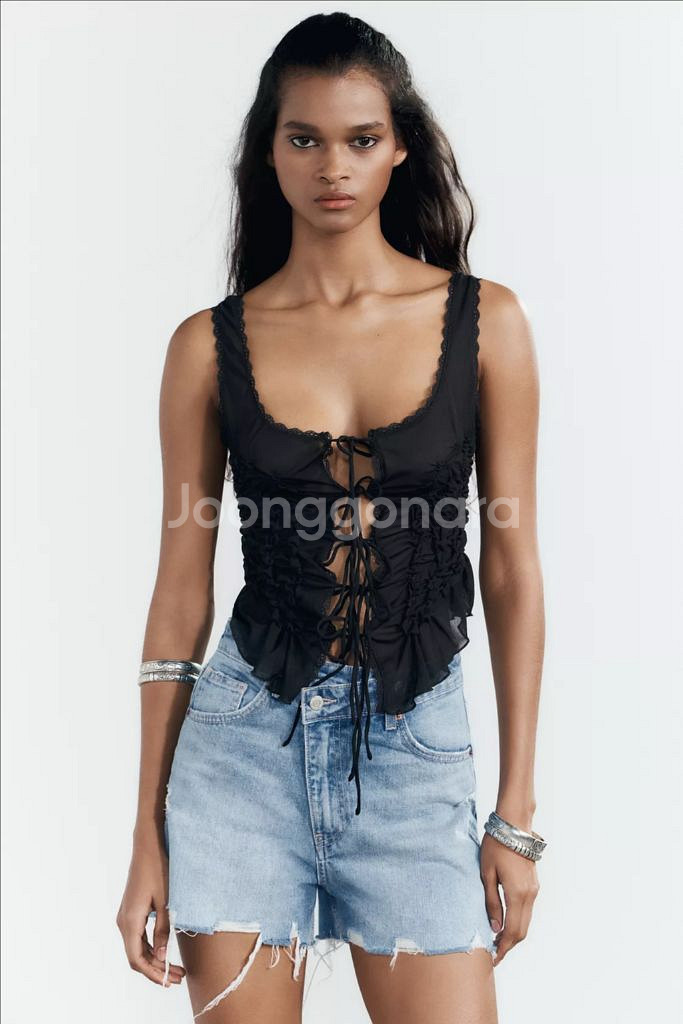 자라 블랙 레이스업 블라우스 리본 셔링탑 레이어드 나시--0