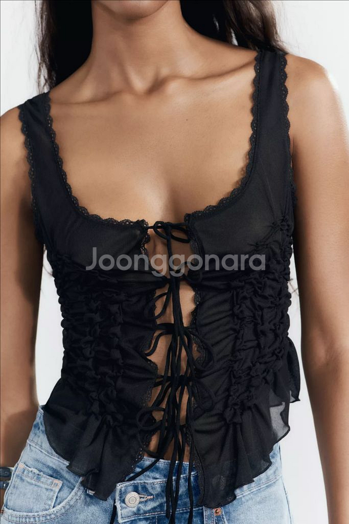 자라 블랙 레이스업 블라우스 리본 셔링탑 레이어드 나시--1