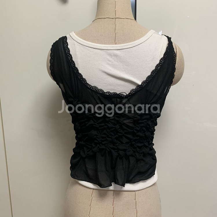 자라 블랙 레이스업 블라우스 리본 셔링탑 레이어드 나시--6
