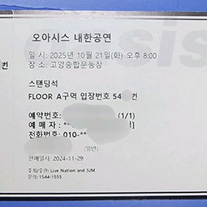 오아시스 콘서트 스탠딩 A구역 5천번대 1매 양도 판매