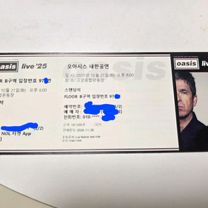 오아시스 내한공연 스탠딩 B구역 900번대