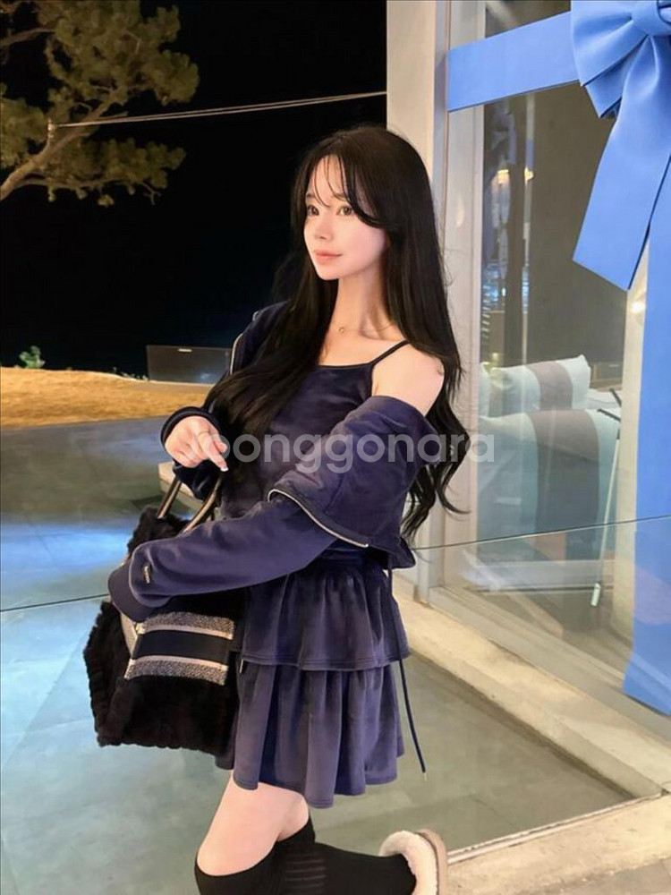 메이윤 제작 벨벳 양면 극세사 후드집업 스커트 세트--2