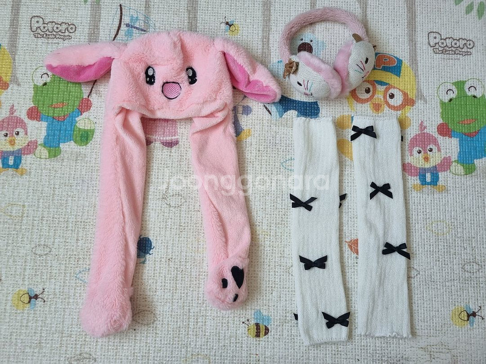 겨울용 털토끼 모자와 고양이 귀마개, 무릎토시 워머--0