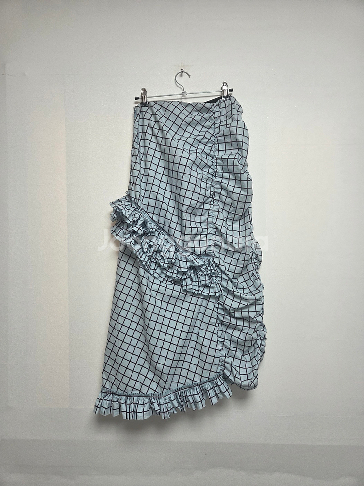 마르니 체크 무늬 비대칭 러플 스커트 스카이블루(S)--0