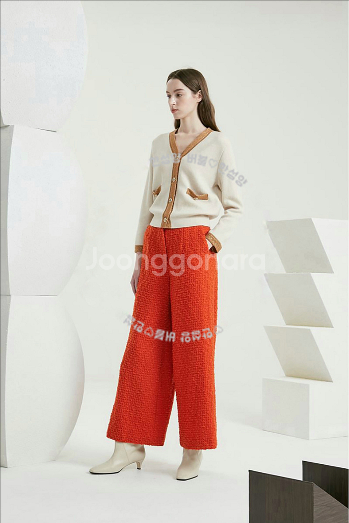 한섬 타임 TIME 울 트위드 부클레 와이드 팬츠 바지--0