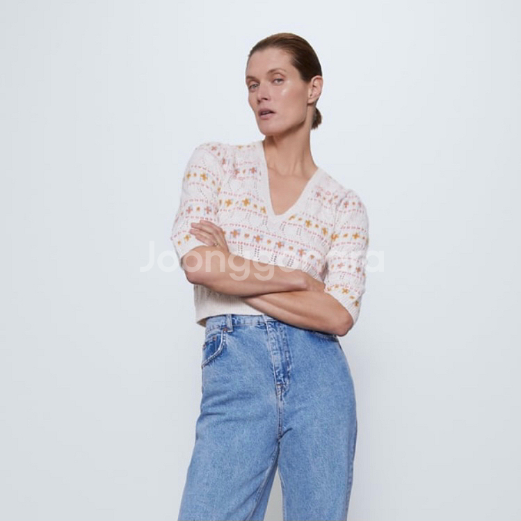 ZARA 자라 자카드 스웨터 반팔 브이넥 니트--0