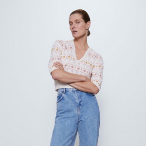 ZARA 자라 자카드 스웨터 반팔 브이넥 니트