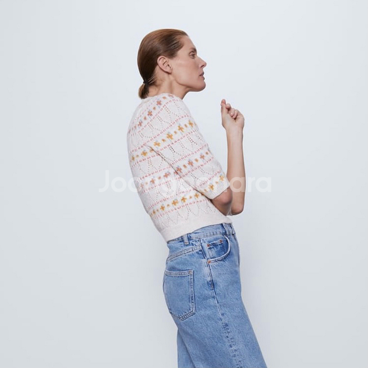 ZARA 자라 자카드 스웨터 반팔 브이넥 니트--1
