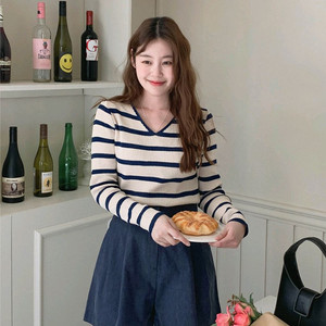 캐주얼 브이넥 단가라 티셔츠