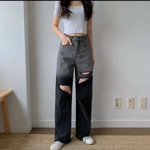 바비블리그라데이션 데미지 컷팅 와이드 롱 데님팬츠 S