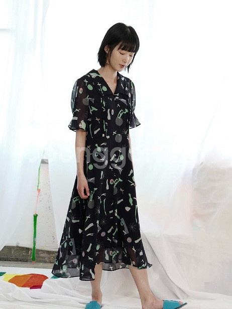잇미샤 빅카라 시스루 퍼프소매 패턴 쉬폰 롱원피스 반팔--0