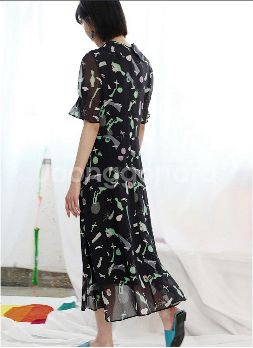 잇미샤 빅카라 시스루 퍼프소매 패턴 쉬폰 롱원피스 반팔--1