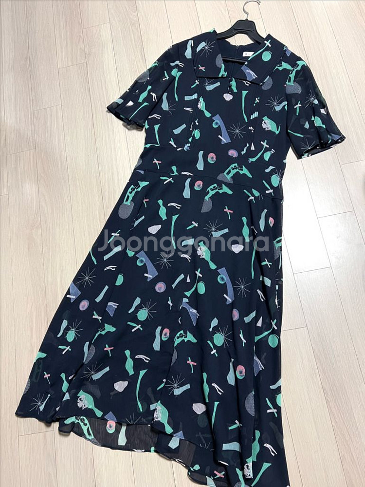 잇미샤 빅카라 시스루 퍼프소매 패턴 쉬폰 롱원피스 반팔--4