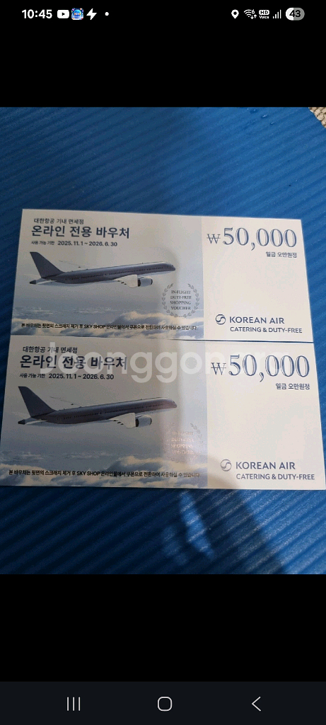 대한항공 기내 면세점 바우처 5만원권 2장--0