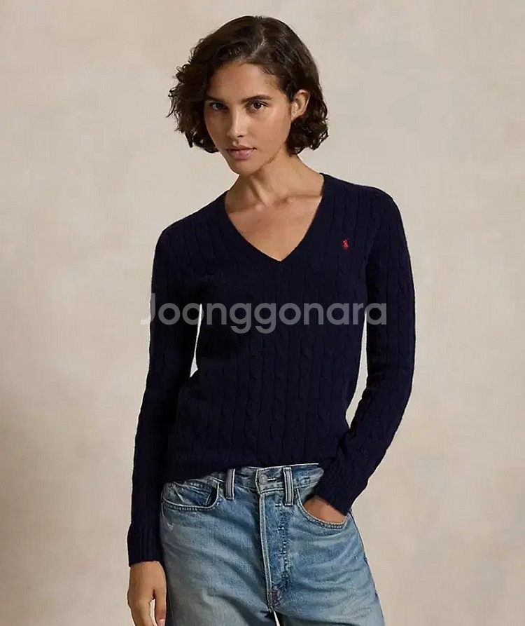 폴로 랄프로렌 캐시미어 네이비 브이넥 케이블 니트--4
