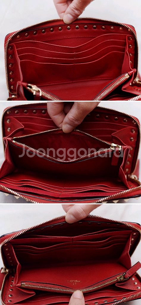발렌티노 금장 락스터드 레드 카프스킨 지퍼라운드 장지갑--5