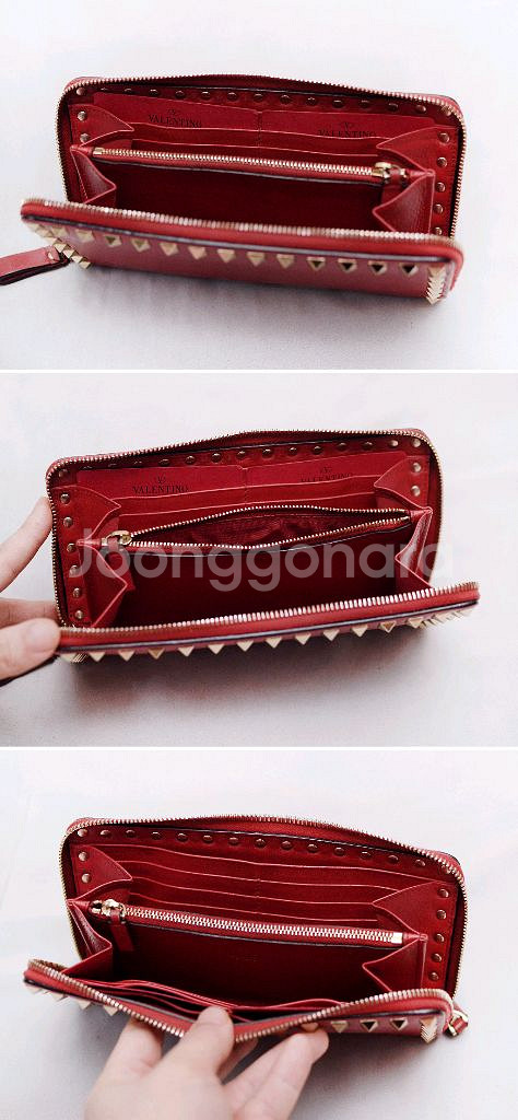 발렌티노 금장 락스터드 레드 카프스킨 지퍼라운드 장지갑--4