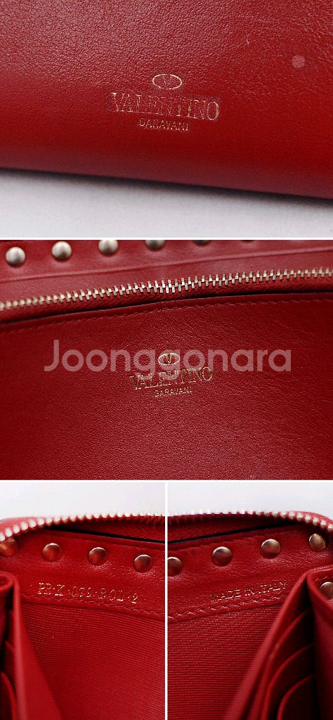 발렌티노 금장 락스터드 레드 카프스킨 지퍼라운드 장지갑--8