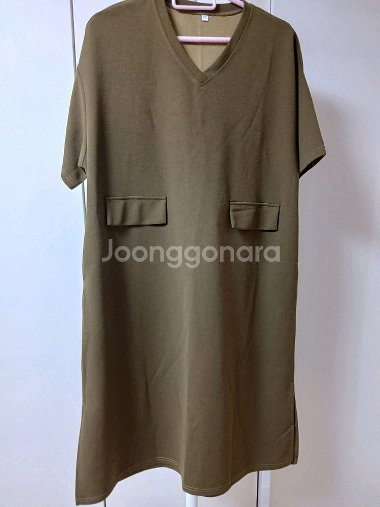 브이넥 카키색 반팔 원피스 XXL--0
