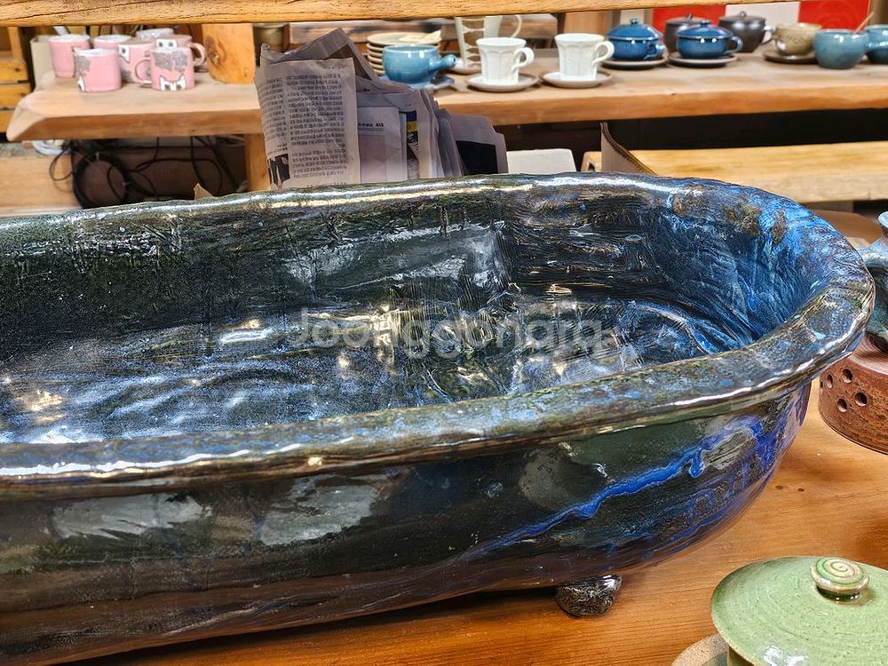 새제품 핀칭 특대형 블루 타원 수반 도자기 수반--3