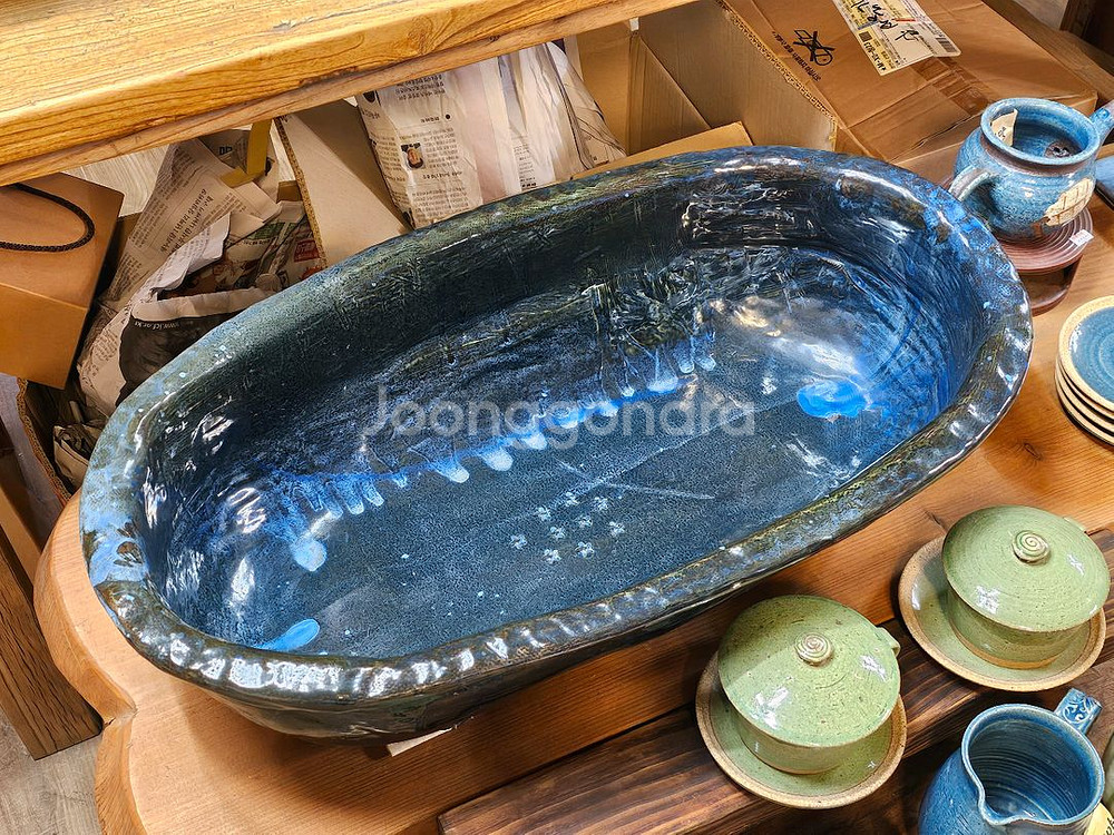 새제품 핀칭 특대형 블루 타원 수반 도자기 수반--1