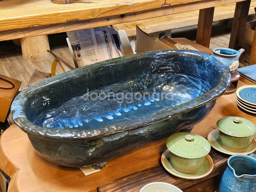 새제품 핀칭 특대형 블루 타원 수반 도자기 수반--0