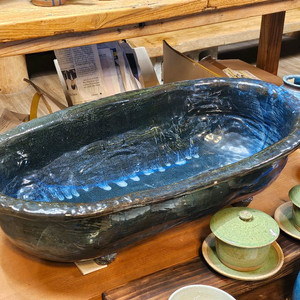 새제품 핀칭 특대형 블루 타원 수반 도자기 수반