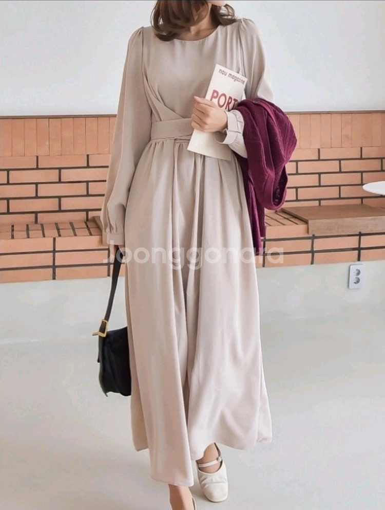 새제품) 허리 랩 쉬폰 원피스 / 랩 리본 롱 원피스--1