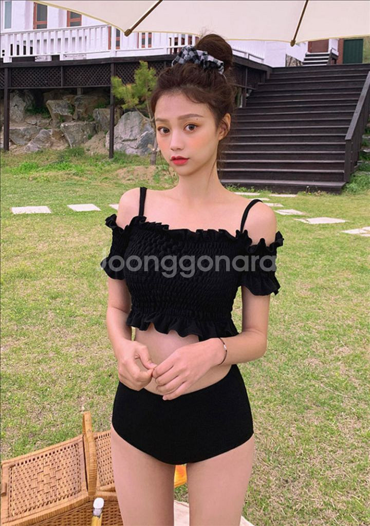 프릴 오프숄더 비키니 수영복--3