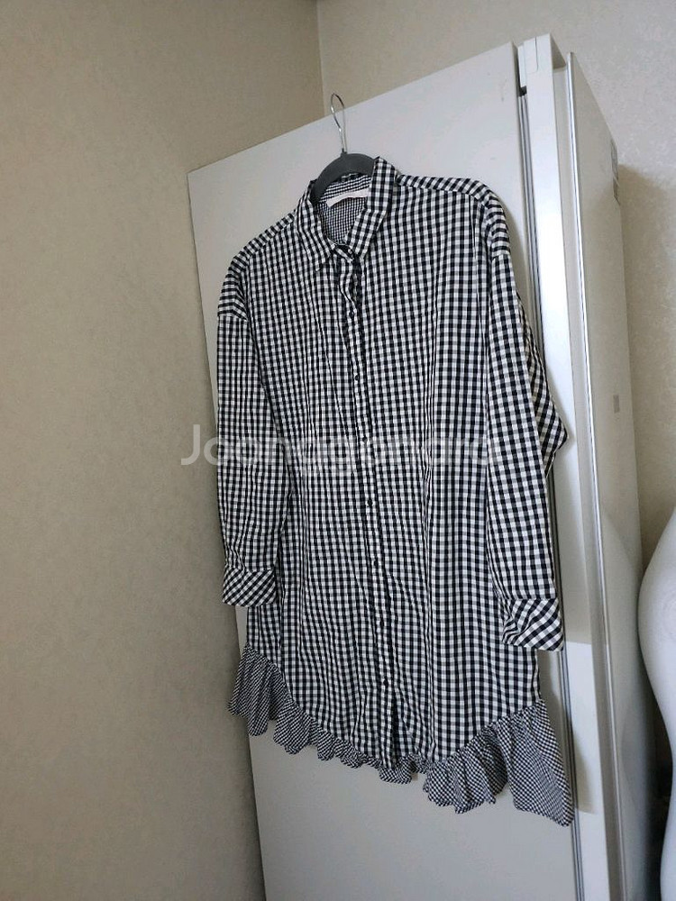 자라 깅엄체크 셔츠 원피스 프릴 장식--0