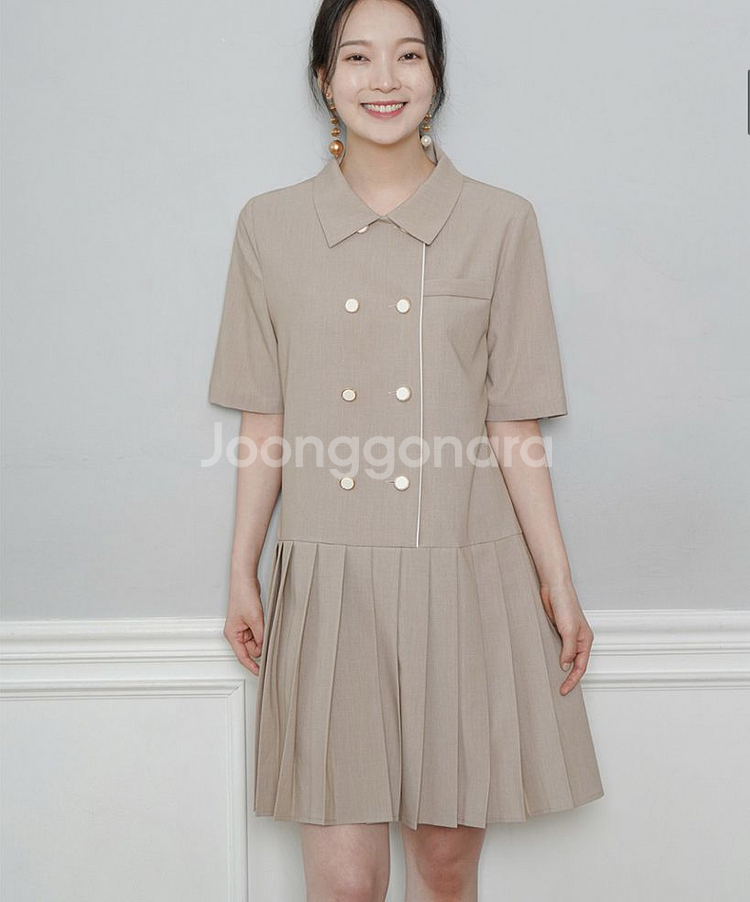 가니송 플리츠 더블 버튼 자켓 원피스--1
