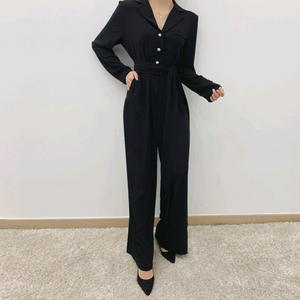 블랙 셔츠 스타일 벨트 점프수트